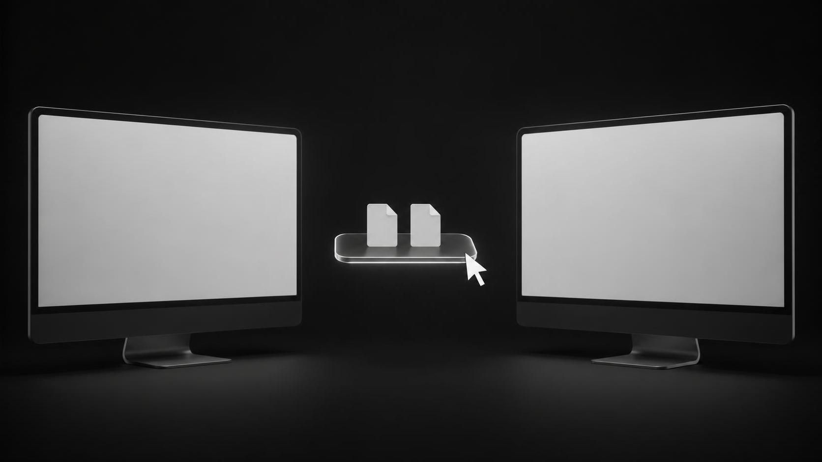 Two blank computer screens facing each other on a black background, with a small floating shelf holding two file icons between them and a mouse pointer at its edge.